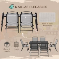 Outsunny Juego de Comedor de Jardín de 7 Piezas con Mesa con Orificio para Sombrilla y 6 Sillas Plegables para Terraza Patio Gris(m-5)