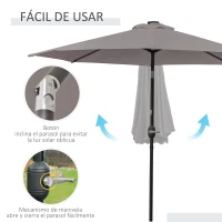 Outsunny Sombrilla Terraza Exterior Ø265 cm Sombrilla de Jardín con 32 Luces LED Solares Poste de Acero y Manivela Parasol Inclinable para Patio Terraza Gris(m-5)