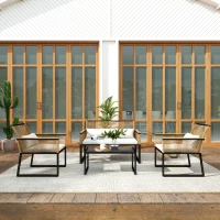 Outsunny Conjunto de Jardim 4 Peças de Vime Sintético com 2 Cadeiras 1 Sofá de 2 Lugares e Mesa de Centro Madeira e Creme(m-9)