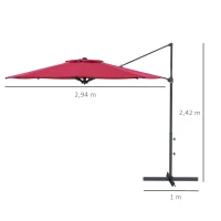 Outsunny Sombrilla de Jardín Ajustable Ø294x242 cm con Poste Giratorio 360° Ángulo de Techo Ajustable y Ventilación Rojo Vino(m-3)