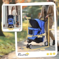 PawHut Carrito para Perros Pequeños con Cesta de Almacenaje Ventanas de Malla y 2 Ruedas Universales 75x45x97 cm Azul(m-3)