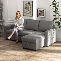 HOMCOM Ecksofa mit Schlaffunktion Stauraum Eckcouch mit Bettkasten Chaiselongue Schlafsofa Stoffsofa L-Form Leinen-Touch Hellgrau 211,5 x 146 x 85 cm(m-7)
