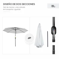 Outsunny Sombrilla de Jardín Ø295x250 cm con Manivela Parasol Exterior con Mecanismo de Inclinación y Poste Desmontable de Metal para Terraza Piscina Patio Blanco(m-4)