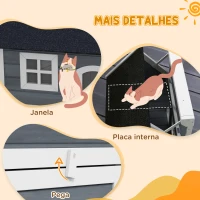 PawHut Casa para Gatos de Madeira com Telhado Asfáltico Rebatível Janela e Portas com Cortina 77x57,5x68 cm Cinzento e Preto(m-7)