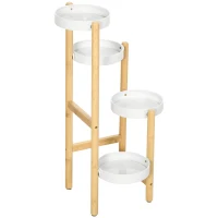 Outsunny Soporte para Plantas con Patas de Bambú y 4 Estantes Metálicos Redondos Carga 20 kg Ø28x80 cm Natural y Blanco(m-10)