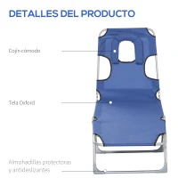 Outsunny Tumbona Reclinable y Plegable de Jardín con Orificio de Lectura Reposacabezas y Respaldo Ajustable en 5 Niveles para Playa 182x56x28 cm Azul(m-7)