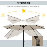 Outsunny Parasol de Terraza Ø268x238 cm con 24 Luces LED Solar Mecanismo de Inclinación Manivela y Poste Desmontable Crema(m-5)