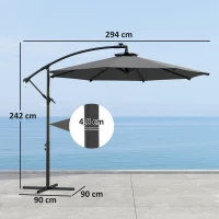 Outsunny Chapéu de Sol Excêntrico  Ø294 cm com 32 Luzes LED Solares Base Cruzada e Capa de Proteção Anti-UV 30+ Cinza Escuro(m-3)