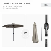 Outsunny Sombrilla de Jardín Ø295x250 cm con Manivela Parasol Exterior con Mecanismo de Inclinación y Poste Desmontable de Metal para Terraza Piscina Patio Gris Claro(m-6)