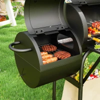 Outsunny Stalen Houtskoolgrill BBQ Smoker met Deksel, Thermometer, Wielen, Luchttoevoer, Kolenbak(m-9)