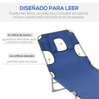 Outsunny Tumbona Reclinable y Plegable de Jardín con Orificio de Lectura Reposacabezas y Respaldo Ajustable en 5 Niveles para Playa 182x56x28 cm Azul(m-4)
