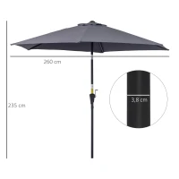 Outsunny Sombrilla para Jardín de Aluminio Ø260x235 cm Parasol de Jardín Reclinable con Manivela y 6 Varillas de Metal para Terraza Exterior Balcón Gris(m-3)