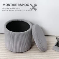 HOMCOM Puff con Almacenaje Redondo Tapizado en Pana con Estructura de Acero Estable y Acolchado Suave Ø40x41 cm Gris Claro(m-7)