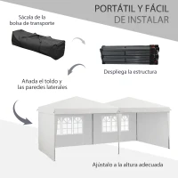 Outsunny Carpa de Jardín Plegable 6x3 m con Paredes Laterales Carpa para Fiestas Altura Ajustable con Bolsa de Transporte Blanco(m-4)