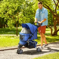 PawHut Carrito para Perros Pequeños con Cesta de Almacenaje Ventanas de Malla y 2 Ruedas Universales 75x45x97 cm Azul(m-2)