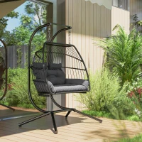 Outsunny Rattan Double Hanging Egg Chair with Stand, Foldable Wicker Swing Egg Chair with Cushion, Head Pillows, Steel Frame, Hammock Chair for Indoor Outdoor, Capacity 260 kg, Dark Grey(m-9)