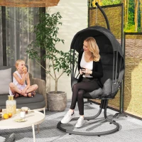Outsunny Hanging Egg Chair Swing Hammock Chair with Stand, Cushion and Retractable Canopy, for Indoor and Outdoor, Grey(m-2)