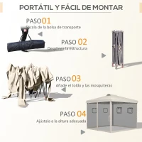 Outsunny Cenador de Jardín 3x3 m con Pared Lateral de Malla 6 Ventanas Altura Ajustable en 3 Niveles Protección Rayos UV30+ Beige(m-4)
