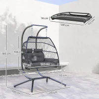 Outsunny Rattan Double Hanging Egg Chair with Stand, Foldable Wicker Swing Egg Chair with Cushion, Head Pillows, Steel Frame, Hammock Chair for Indoor Outdoor, Capacity 260 kg, Dark Grey(m-3)