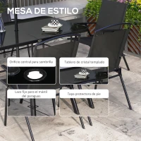 Outsunny Juego de Comedor de Jardín de 8 Piezas con 1 Mesa de Cristal 6 Sillas Plegables y 1 Sombrilla para Terraza Patio Negro(m-4)