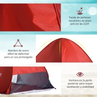 Outsunny Tienda de Playa para 2-3 Personas Pop-Up con Ventanas tipo Refugio con Protección Solar UV 200x150x119 cm Rojo(m-6)