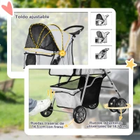 PawHut Carrito para Perros Pequeños con Toldo Ajustable Cesta de Almacenaje Portavasos y 2 Ruedas Universales 75x45x97 cm Gris(m-6)