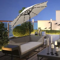 Outsunny Parasol de Terraza Ø268x238 cm con 24 Luces LED Solar Mecanismo de Inclinación Manivela y Poste Desmontable Crema(m-2)