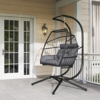 Outsunny Rattan Double Hanging Egg Chair with Stand, Foldable Wicker Swing Egg Chair with Cushion, Head Pillows, Steel Frame, Hammock Chair for Indoor Outdoor, Capacity 260 kg, Dark Grey(m-8)