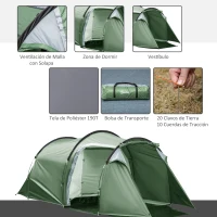 Outsunny Tienda de Campaña Familiar 2-3 Personas Plegable Impermeable a Prueba de UV 20+ con Vestíbulo 426x206x154 cm Verde(m-4)