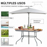 Outsunny Mesa de Jardín Exterior Rectangular de Metal Bordes Curvos con Orificio para Sombrilla Capacidad 70kg Vidrio Templado 120x80x70 cm Gris Carbón(m-7)