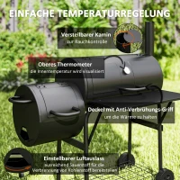 Outsunny Stalen Houtskoolgrill BBQ Smoker met Deksel, Thermometer, Wielen, Luchttoevoer, Kolenbak(m-6)