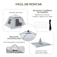 Outsunny Tienda de Camping Pop-up para 2-3 Personas Impermeable 2000 mm con Bolsa de Trasporte 210x210x150 cm Plata(m-4)