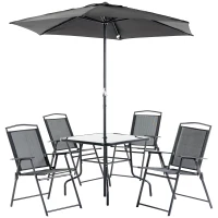 Outsunny Conjunto de Muebles de Jardín con 4 Sillas Plegables Mesa de Comedor de Vidrio y Sombrilla Inclinable Protección del Sol para Patio Terraza Exterior 80x80x70 cm Negro(m-1)