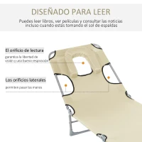 Outsunny Tumbona Reclinable y Plegable de Jardín con Orificio de Lectura Reposacabezas y Respaldo Ajustable en 5 Niveles para Playa 182x56x28 cm Beige(m-4)