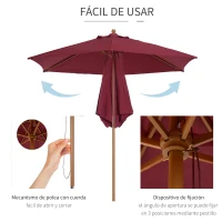 Outsunny Sombrilla Parasol de Madera Ø250x230cm para Exterior con 6 Varillas Sistema de Polea Color Granate(m-4)