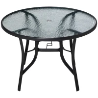 Outsunny Mesa de Cristal de Jardín con Agujero para Sombrilla Mesa para Comer Redonda con Marco de Acero para Exterior Terraza Balcón  Ø106,5x71 cm Negro(m-1)