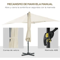 Outsunny Sombrilla de Jardín de Aluminio Parasol Excéntrico con Manivela y Poste Giratorio e Inclinable 245x245x245 cm Crema(m-6)