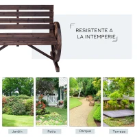 Outsunny Banco de Madera para Exteriores con Apoyabrazos en Forma de Rueda Aspecto Envejecido Jardín Balcón Terraza 105,5x59x75 cm Marrón Rústico(m-7)