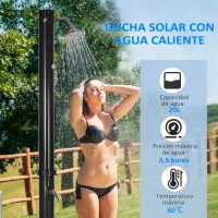 Outsunny Ducha Solar de Jardín 20L con Cabezal de Ducha Redondo Grifo Agua Caliente Máx. 60℃ para Piscina 15,5x15,5x222 cm Negro(m-4)