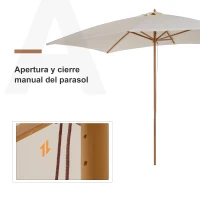 Outsunny Sombrilla Parasol 295x200x255 cm para Jardín Terraza con Mástil de Madera y Toldo de Poliéster 180g/m² Color Crema(m-5)