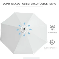 Outsunny Sombrilla de Jardín Ø295x250 cm con Manivela Parasol Exterior con Mecanismo de Inclinación y Poste Desmontable de Metal para Terraza Piscina Patio Blanco(m-5)