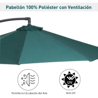 Outsunny Sombrilla de Jardín Ø300x250 cm Parasol Excéntrico Reclinable con Manivela Base Cruzada Tejido Verde Oscuro(m-7)