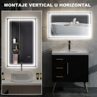 HOMCOM Espejo de Baño LED 100x60 cm con Luz Retroiluminado Antivaho Brillo Ajustable Montaje Vertical u Horizontal(m-7)
