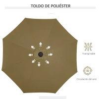 Outsunny Parasol de Terraza Ø268x238 cm con 24 Luces LED Solar Mecanismo de Inclinación Manivela y Poste Desmontable Marrón(m-7)