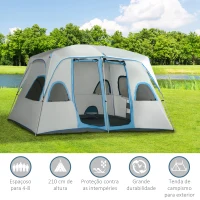 Outsunny Tenda de Campismo Familiar para 4-5 Pessoas com 2 Quartos 2 Bolsos e Janelas com Malha Impermeável 400x275x210 cm Cinza(m-6)