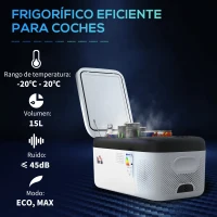 HOMCOM Nevera Compresor Portátil 15L Refrigerador de Coche -20℃-20℃ 12 / 24V DC y 100-240V CA 56,8x33x26,2 cm Blanco(m-4)