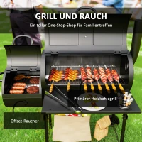 Outsunny Stalen Houtskoolgrill BBQ Smoker met Deksel, Thermometer, Wielen, Luchttoevoer, Kolenbak(m-4)