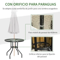 Outsunny Mesa de Exterior Ø80x72 cm con Agujero para Sombrilla y Encimera de Vidrio Templado para Patio Terraza Negro(m-4)