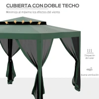 Outsunny Carpa de Jardín 3x3 m Cenador Gazebo con 4 Mosquiteras Laterales Techo Doble 8 Orificios de Drenaje Marco de Metal Verde(m-4)