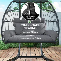 Outsunny Rattan Double Hanging Egg Chair with Stand, Foldable Wicker Swing Egg Chair with Cushion, Head Pillows, Steel Frame, Hammock Chair for Indoor Outdoor, Capacity 260 kg, Dark Grey(m-6)